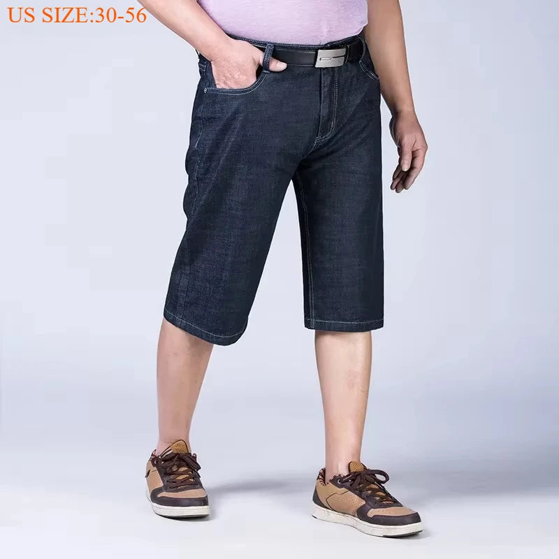 Denim Shorts Men Knee Length Summer Thin 180KG Plus Size 50 52 54 56 Elastic Male Jeans Man Loose Half Trousers Cropped Pants