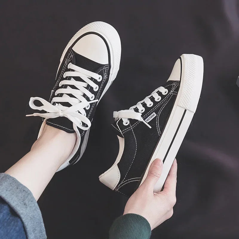 Shoes For Women Low-Top Vulcanized Canvas Platform Sneakers Black Flats Tennis Female Classic Student Small Couples Skateboard