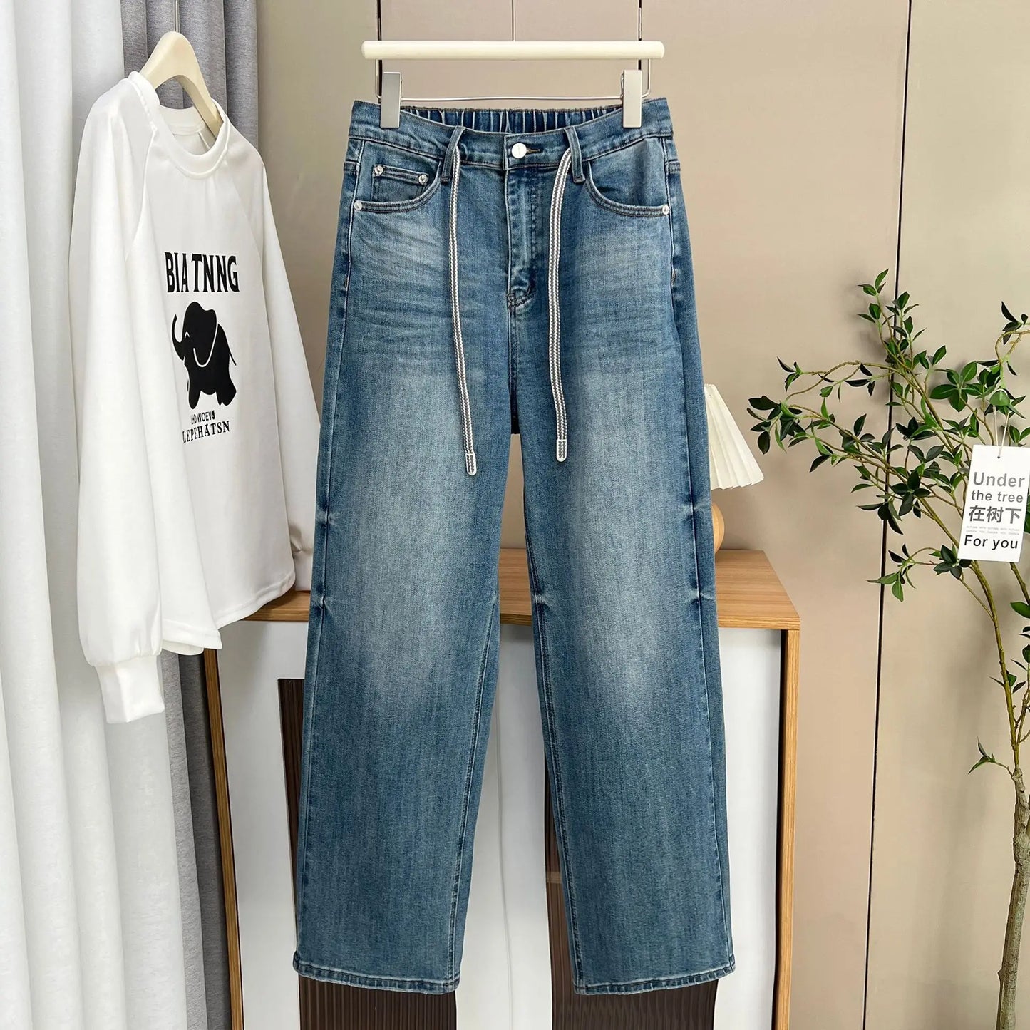 Plus Size Women's High Waist Drawstring Wide Leg Jeans 2025 Spring Fall Premium Slimming Narrow Straight Leg Casual Pants