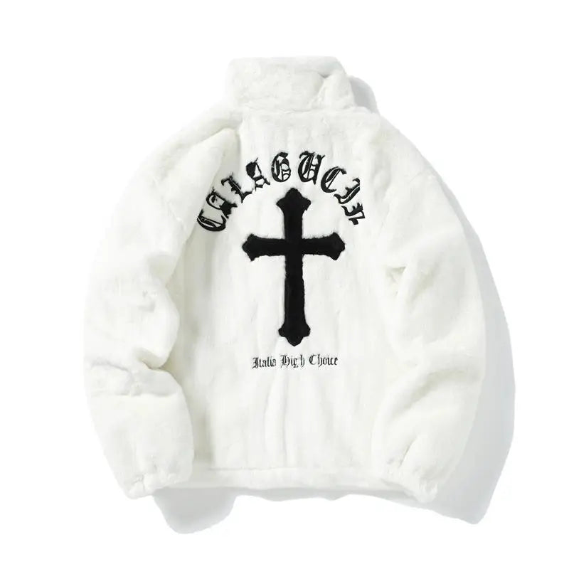 Gothic Letter Embroidery Imitation Rabbit Fur Artificial Fur Male Street Loose Autumn And Winter Warm Jacket Male