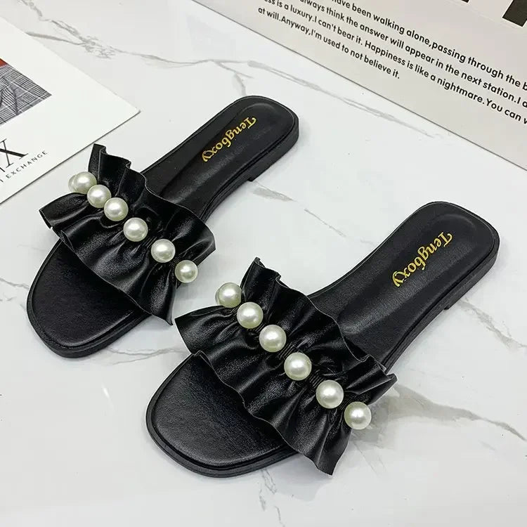 Women Slides Faux Pearl Decor Ruffle Trim Sandals Open Toe Wear-resistant Flat Slippers Summer Sandy Beach Sandals Women Shoes