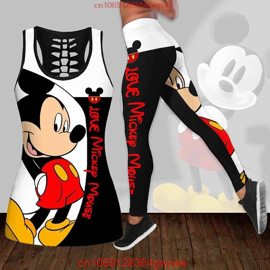 New Mickey Mouse Women's Hollow Vest Women's Leggings Yoga Suit Fitness Leggings Sports Suit Disney Tank Top Legging Set Outfit