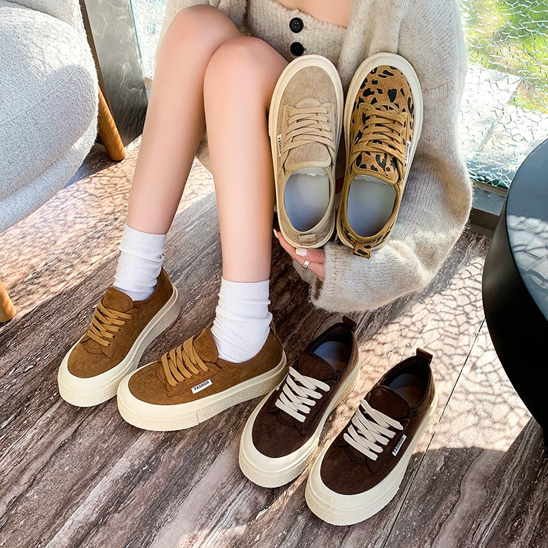 Soft Suede Leather Casual Shoes Women Sneakers Clogs Platform  All-Match Spring Round Toe Cross-tied Frosted Flats Shoes Women