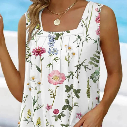 Plus Size Casual White Fold Floral Print Square Neck Tank Top