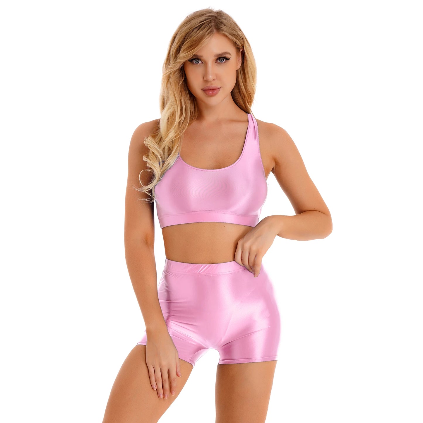 Womens 2 Piece Outfit Set Glossy Sleeveless U Neck Tank Top with Mid-Waisted Shorts Outfits for Sports Fitness Yoga Swimwear