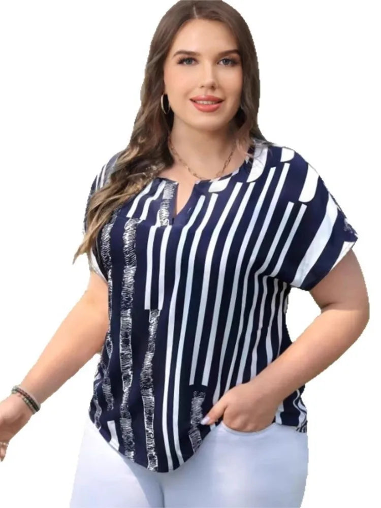 Plus Size Summer Striped Print V-Neck Pullover Tops Women Casual Loose Pleated Ladies Blouses Fashion Woman Short Sleeve Tops