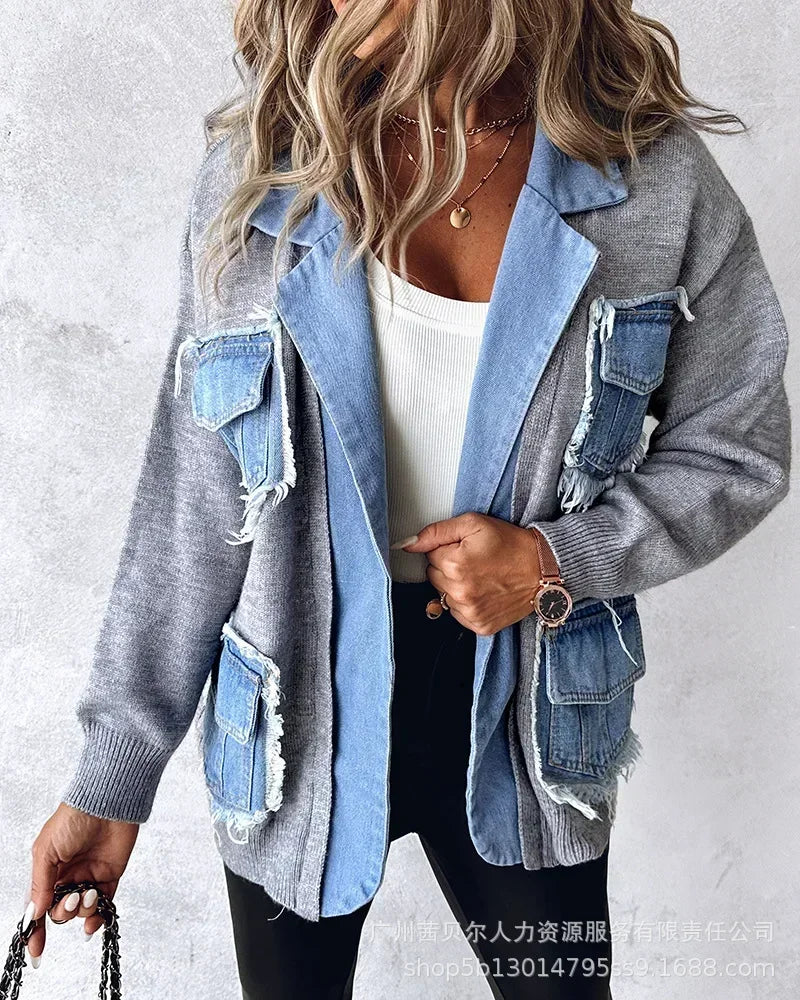 Raw Hem Cardigan Women Sweaters Patchwork Notched Collar Knitted Denim Jackets Jumpers Pockets Thick Coats Autumn Winter Outwear