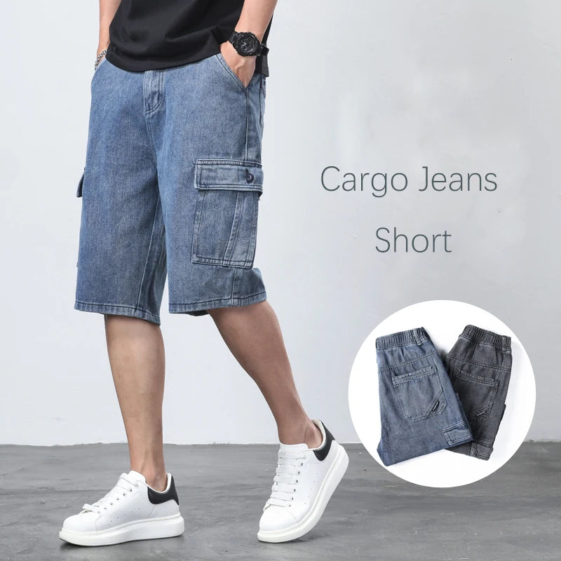 Denim Shorts for Men's Cargo Pants Large Pockets Casual Fashion Wide Short Pants Baggy Bermuda Jeans Male Beach Pants