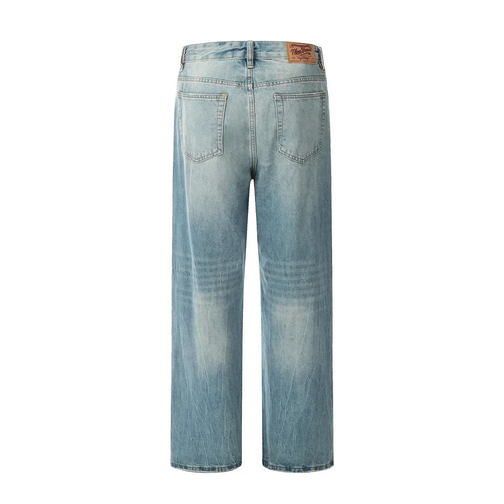 Men Retro Loose Wide-leg Floor-dragging Long Trousers of Contrast-color Sprayed Monkey-washed Jeans with Holes and Straight Legs