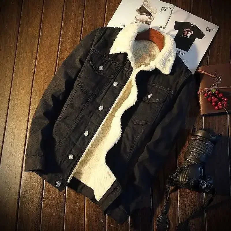 Denim Jackets Man Padding with Sheep Jeans Coat for Men Padded Wool Black Warm Slim Fit Lxury Low Cost One Piece Fashion Casual