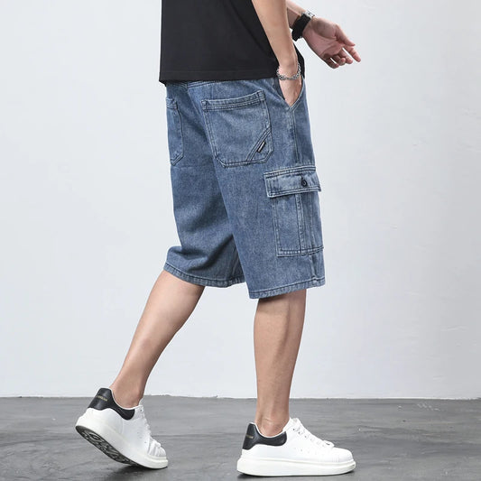 Denim Shorts for Men's Cargo Pants Large Pockets Casual Fashion Wide Short Pants Baggy Bermuda Jeans Male Beach Pants