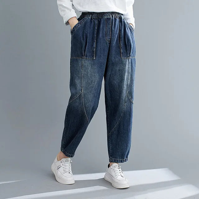 150Kg Plus Size Women's Spring Autumn Woven Korean Big Pocket Jeans 6XL 7XL 8XL 9XL Loose Straight High Waist Harem Pants