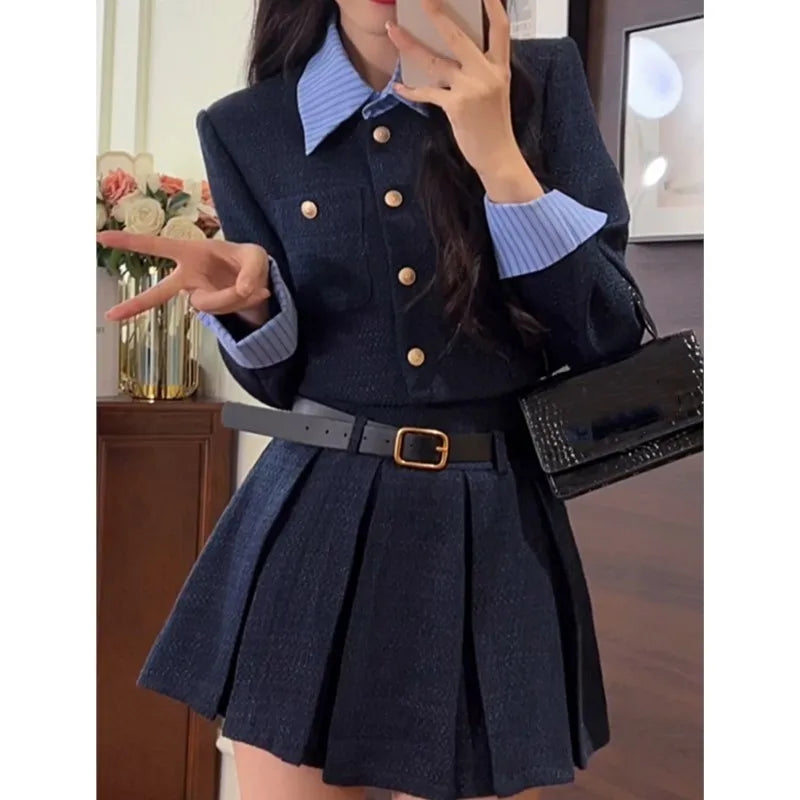 Korean Fashion Elegant Two-piece Skirt Set Women Single Breasted Crop Top Pleated Mini Skirt Preppy Style Autumn New Outfits