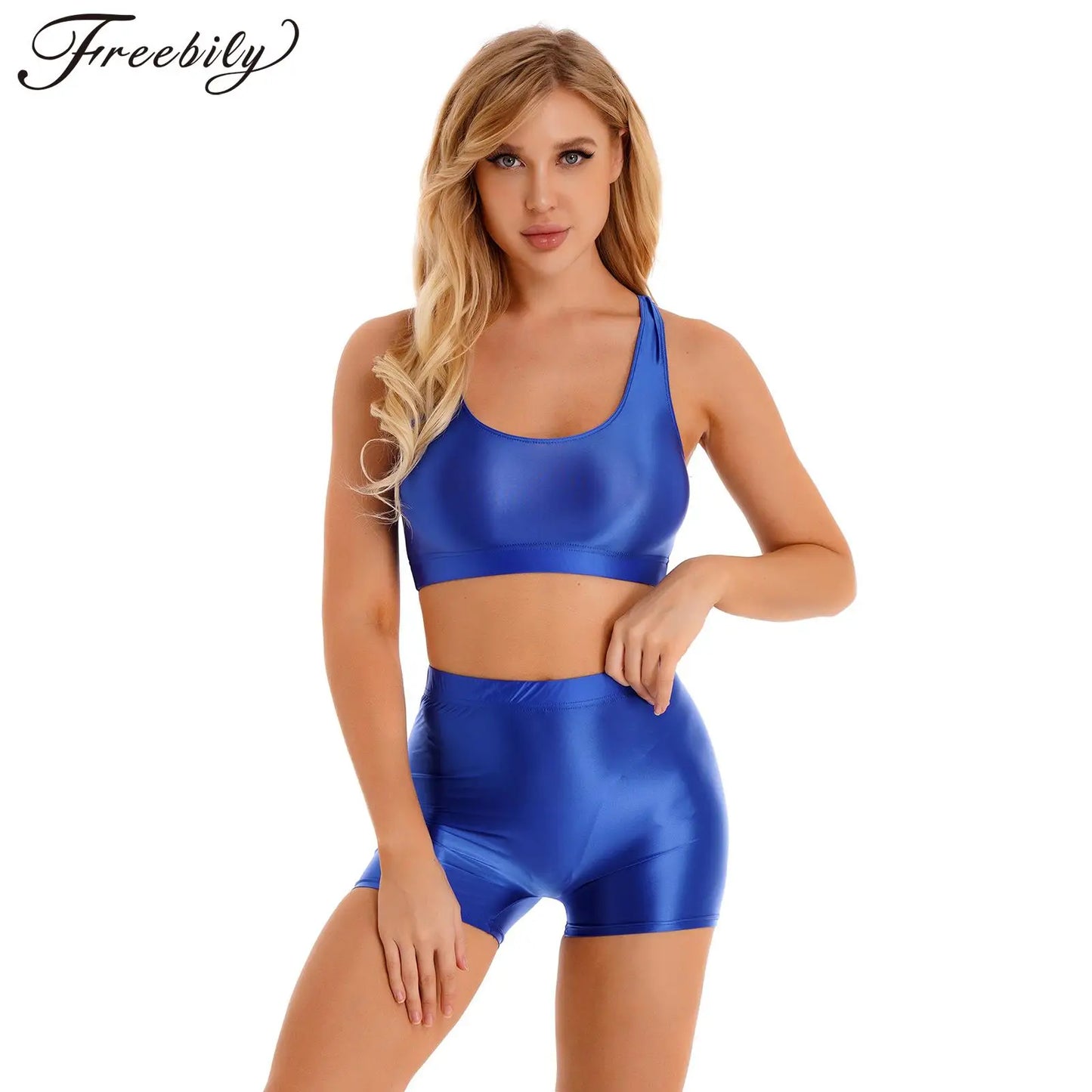 Womens 2 Piece Outfit Set Glossy Sleeveless U Neck Tank Top with Mid-Waisted Shorts Outfits for Sports Fitness Yoga Swimwear