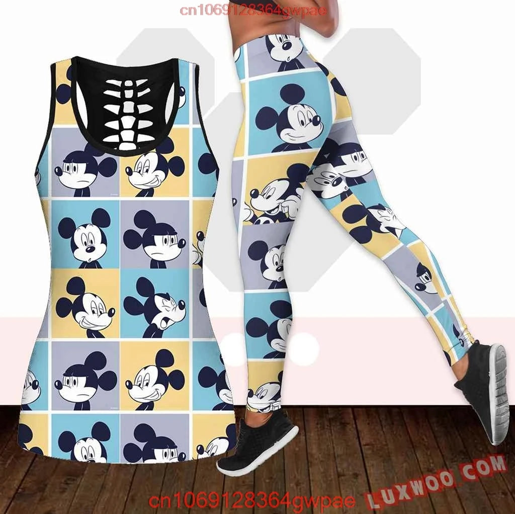 New Mickey Mouse Women's Hollow Vest Women's Leggings Yoga Suit Fitness Leggings Sports Suit Disney Tank Top Legging Set Outfit