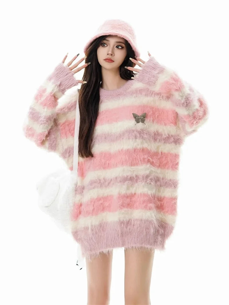 Original Sweet Mink Fur Butterfly Striped Sweater for Women 2025 Autumn Winter New Korean Version Lazy Style Knitted Sweater Top