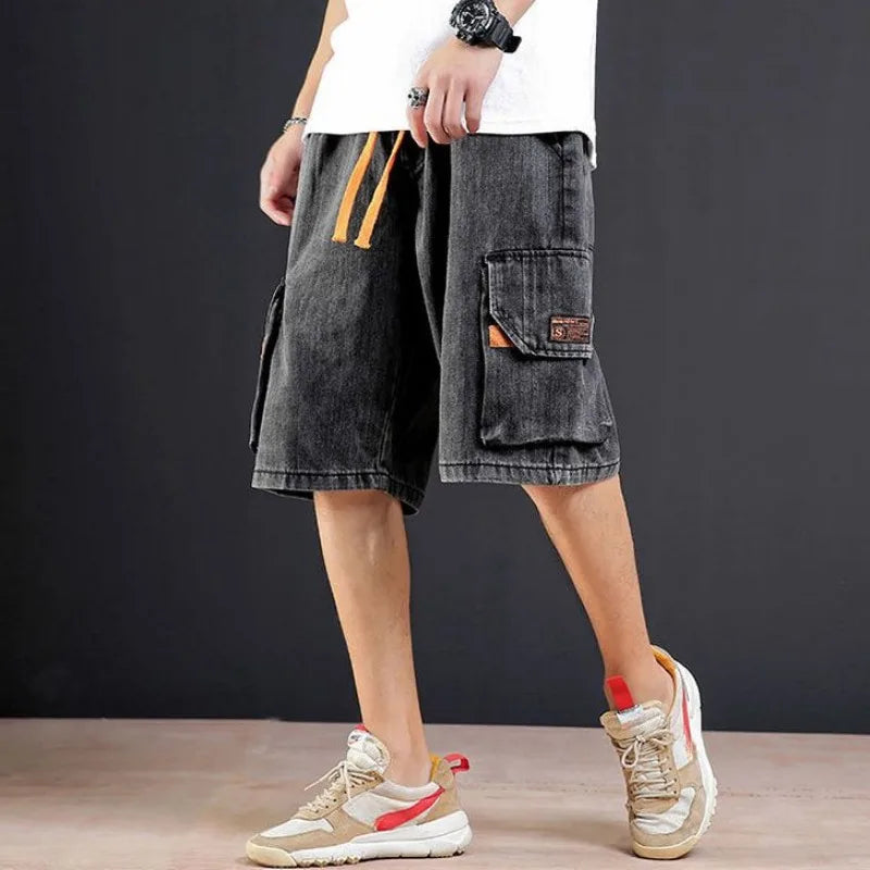 Men's Short Jeans Pants Cargo Baggy Drawstring Male Denim Shorts with Pockets Text Wide Loose Original Cowboy Buttons Jorts Sale