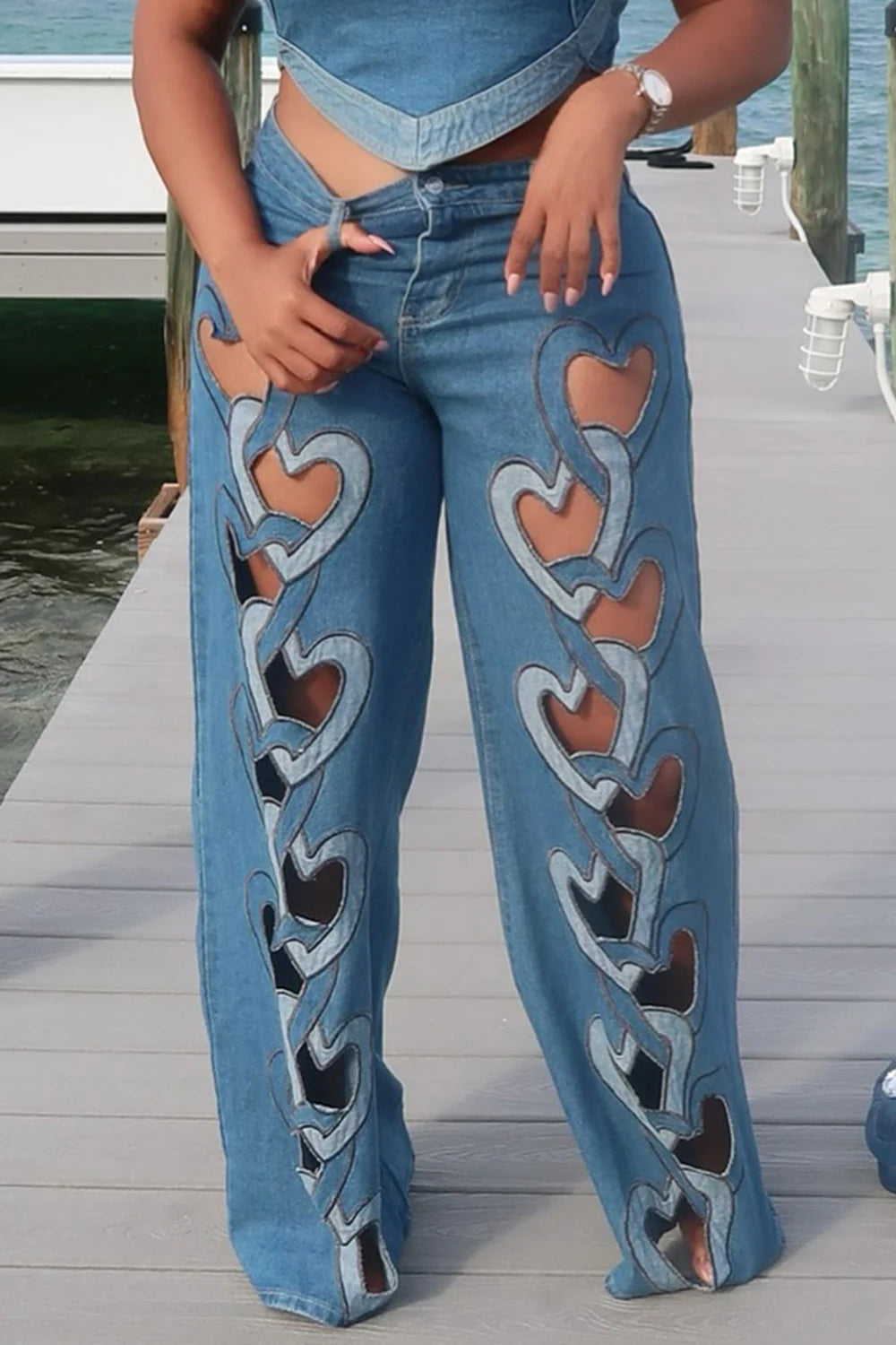 Plus Size Daily Blue Heart Cut Out Wide Leg Denim Jeans