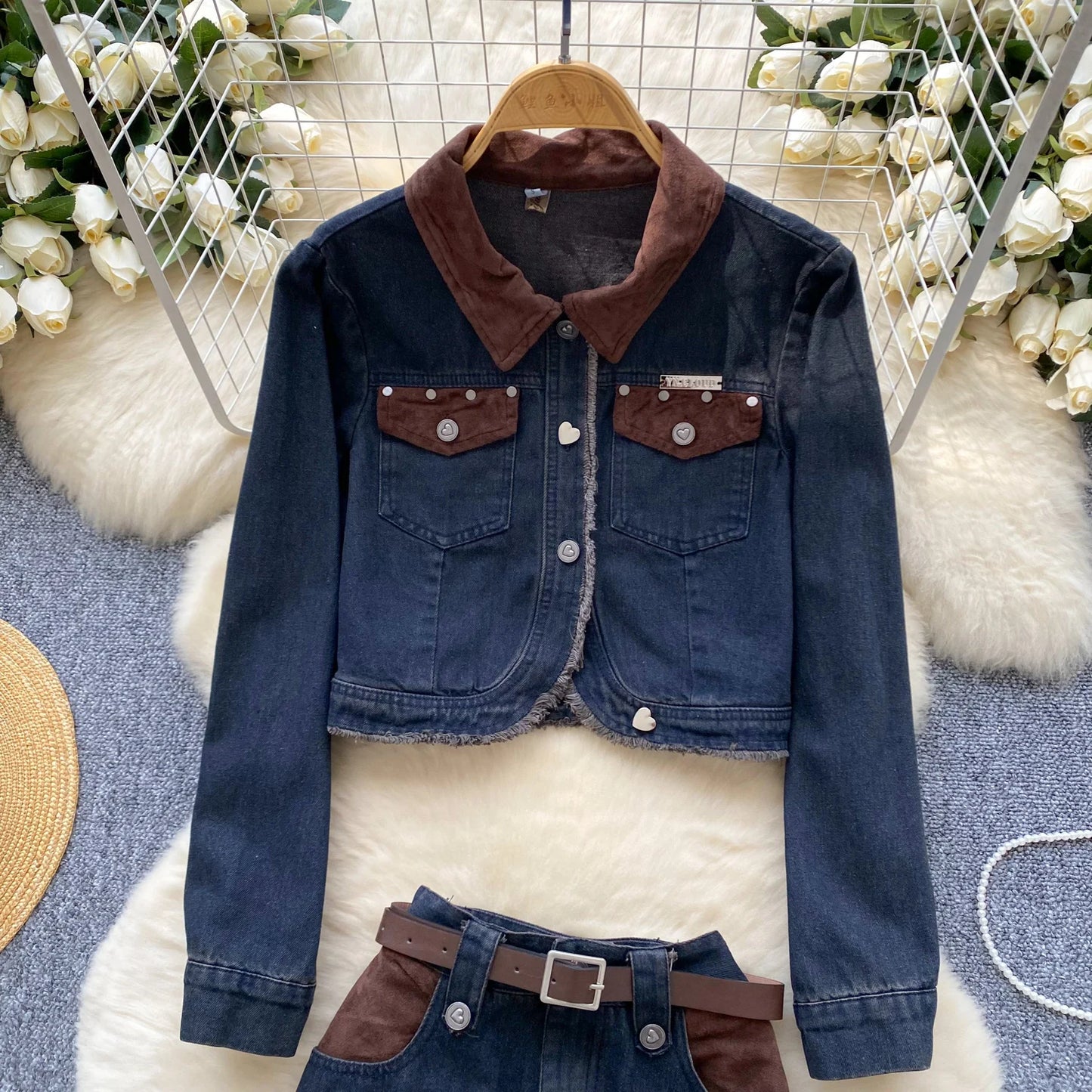 Jean two pieces set for women Color Splicing Turn-down Coollar Long-sleeved Denim Jacket+Slim Waist Pack Hip Mini Skirt