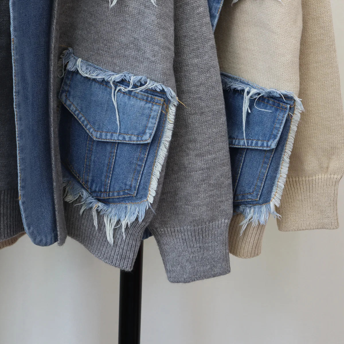 Raw Hem Cardigan Women Sweaters Patchwork Notched Collar Knitted Denim Jackets Jumpers Pockets Thick Coats Autumn Winter Outwear