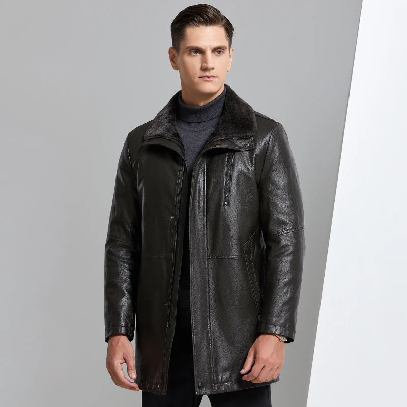 YN-8819 Fur Integrated Men's Leather Jacket Mid-length Thickened Natural Sheepskin Lapel Home Casual Jacket Factory Direct Sales