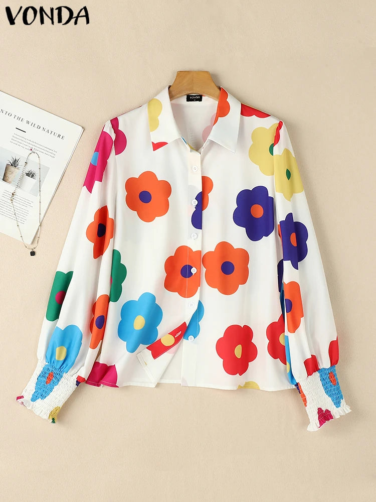 Plus Size 5XL VONDA Casual Floral Printing Loose Tops Women Shirts 2024 Lapel Collar Blouses Top Lantern Long Sleeve Tunic