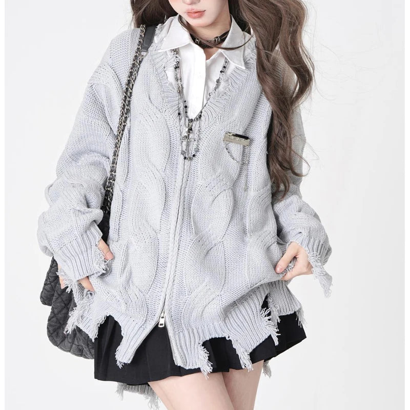 Women Casual Streetwear Oversized Harajuku Gothic Zipper Knitted Cardigan Vintage Y2K Fairy V Neck Long Sleeve Chic Sweater Coat