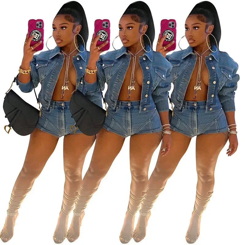 Women Two Piece Set Denim Shorts Sets Summer Matching Sets Outfit Trendy Button Turn Down Neck Jeans Top High Waist Trousers