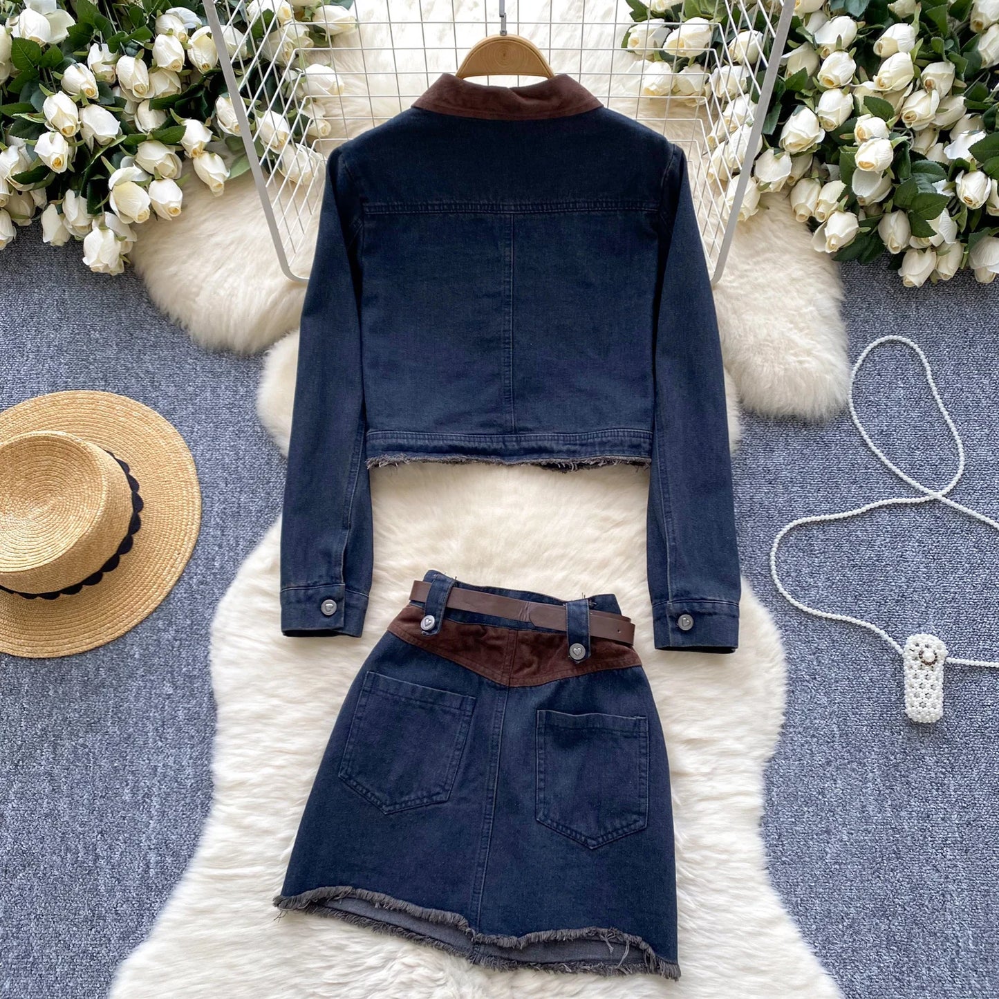 Jean two pieces set for women Color Splicing Turn-down Coollar Long-sleeved Denim Jacket+Slim Waist Pack Hip Mini Skirt