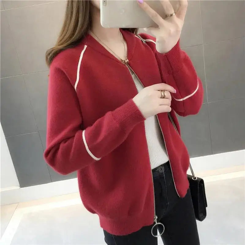 Solid Color Zipper Lantern Long Sleeve Sweater Knitted Women's Clothing Cardigan Autumn Winter Round Neck Office Lady Tops