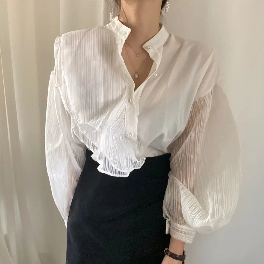 Shirts Women Elegant Chic Summer \Mesh Patchwork Stand Collar Daily Casual Classy Loose Lady Tops Lantern Sleeve Vintage Clothes