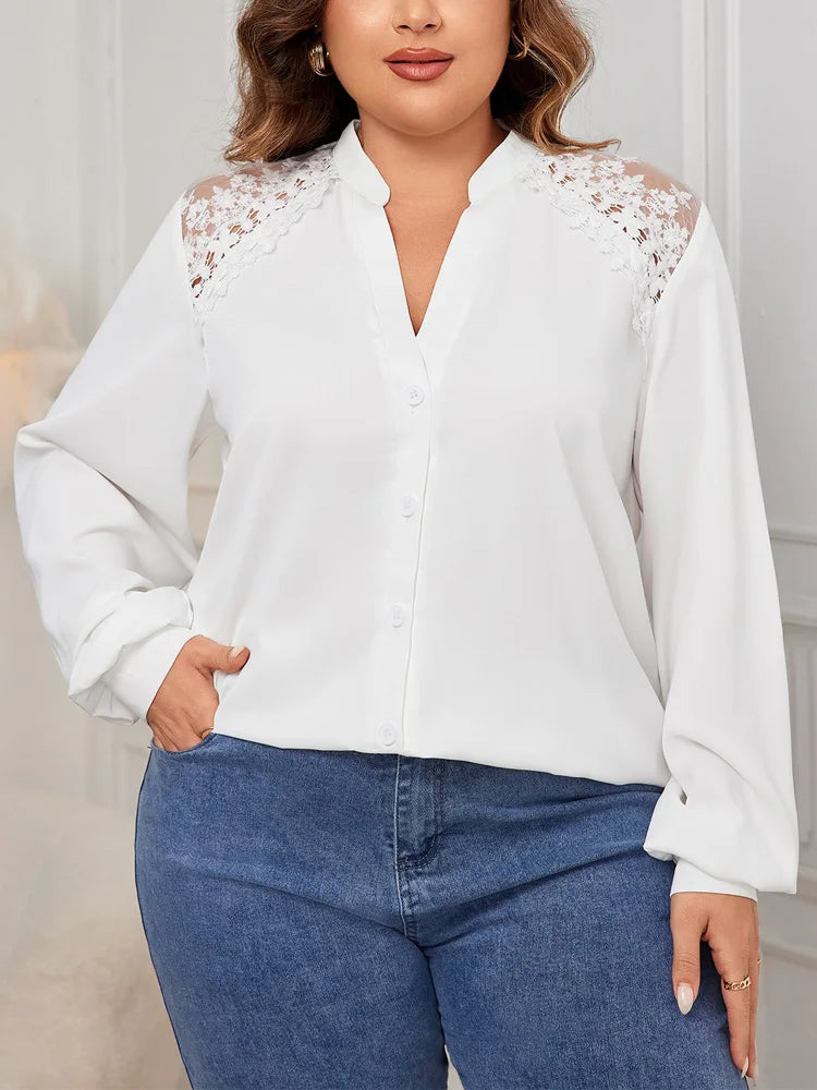 GIBSIE Plus Size Notched Neck Contrast Lace Mesh White Shirt Women Autumn New Lantern Sleeve Office Casual Button Up Shirts Tops