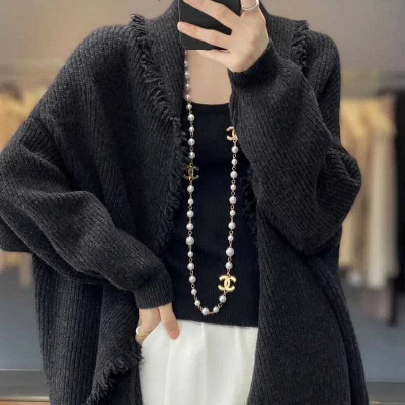 Autumn Winter New Fashion V-neck Long Sleeve Solid Tassels Cardigan Sweaters Women's Clothing Loose All-match Knitting Chic Tops