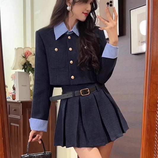 Korean Fashion Elegant Two-piece Skirt Set Women Single Breasted Crop Top Pleated Mini Skirt Preppy Style Autumn New Outfits