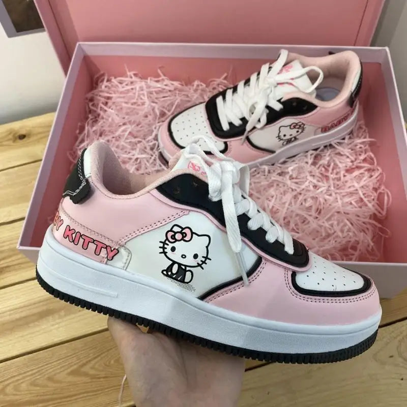 Cute Hello Kitty Women Sports Shoes Sanrios Leather Board Shoes Anime Kt Printing Sneakers Cartoon Fashion Kawaii Casual Shoes