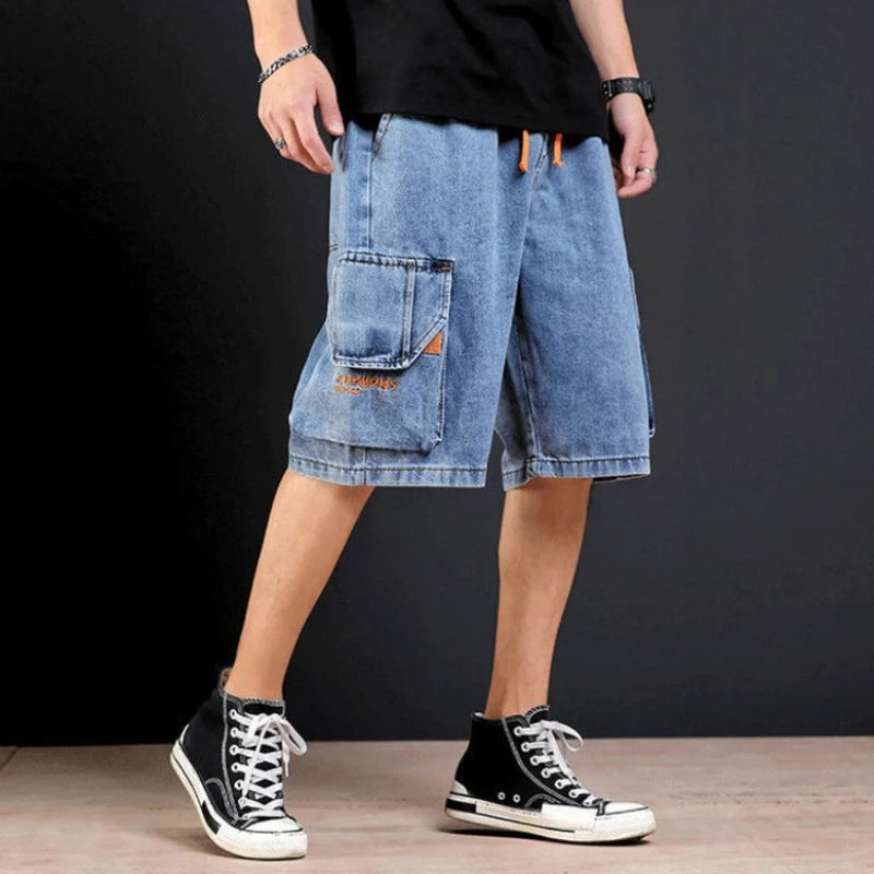 Men's Short Jeans Pants Cargo Baggy Drawstring Male Denim Shorts with Pockets Text Wide Loose Original Cowboy Buttons Jorts Sale