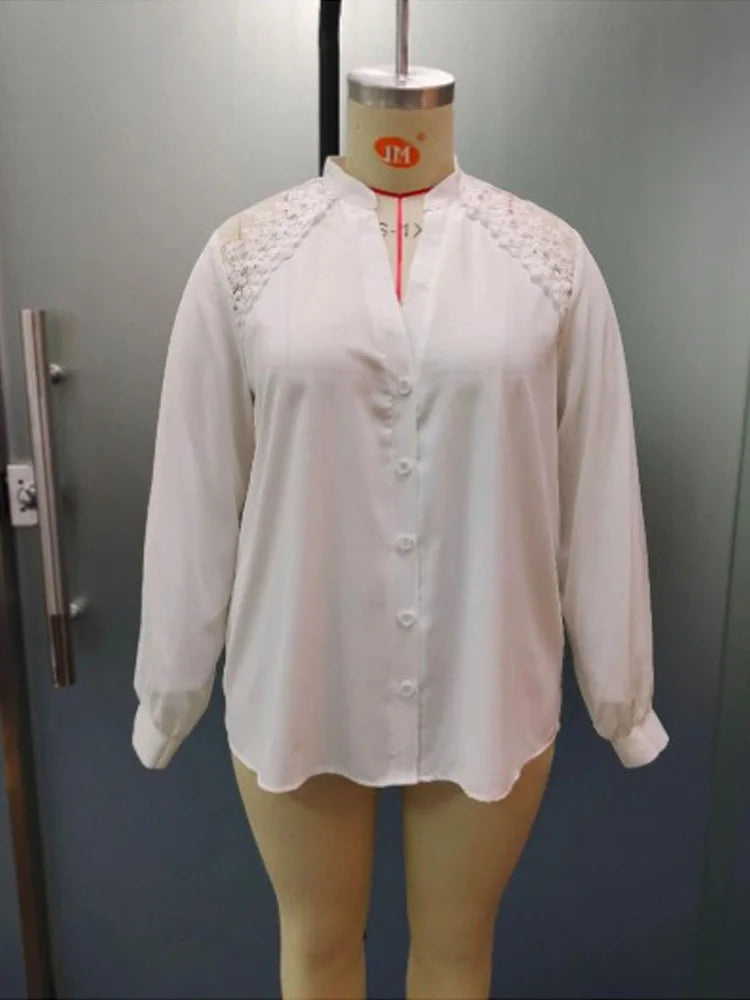 GIBSIE Plus Size Notched Neck Contrast Lace Mesh White Shirt Women Autumn New Lantern Sleeve Office Casual Button Up Shirts Tops