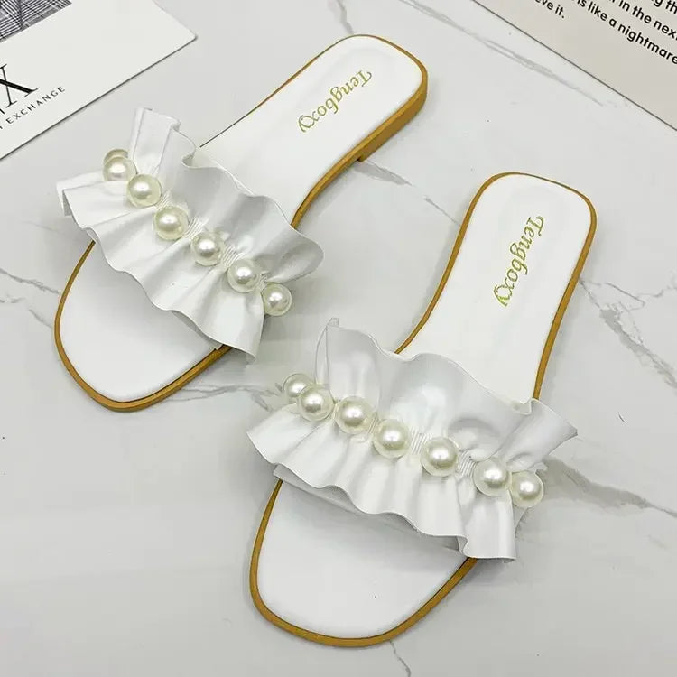 Women Slides Faux Pearl Decor Ruffle Trim Sandals Open Toe Wear-resistant Flat Slippers Summer Sandy Beach Sandals Women Shoes