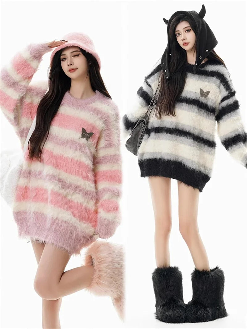 Original Sweet Mink Fur Butterfly Striped Sweater for Women 2025 Autumn Winter New Korean Version Lazy Style Knitted Sweater Top