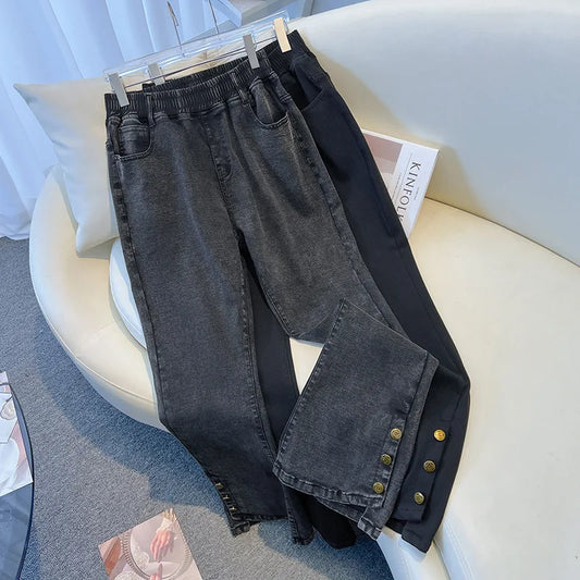 155Kg Plus Size Women's Jeans Hip 150-160 High Waist Casual Loose Flare Pants Trousers Black Black-Gray 5XL 6XL 7XL 8XL 9XL