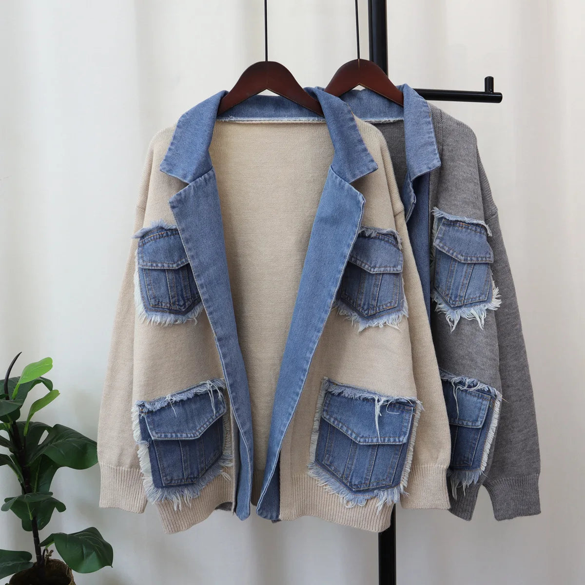 Raw Hem Cardigan Women Sweaters Patchwork Notched Collar Knitted Denim Jackets Jumpers Pockets Thick Coats Autumn Winter Outwear