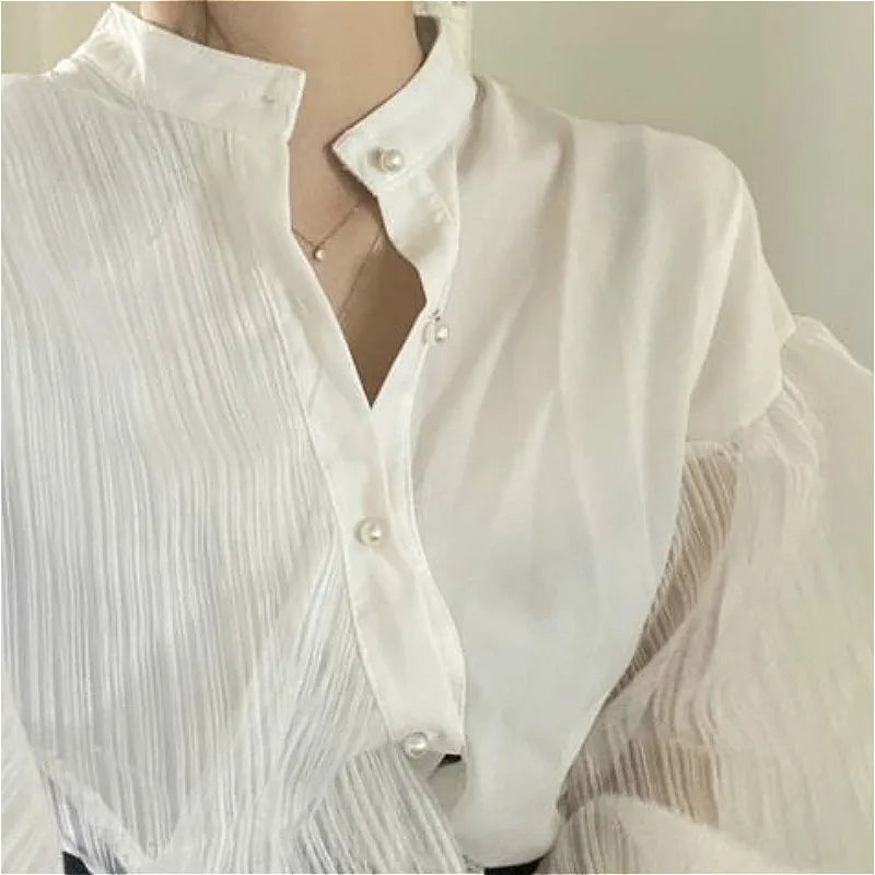 Shirts Women Elegant Chic Summer \Mesh Patchwork Stand Collar Daily Casual Classy Loose Lady Tops Lantern Sleeve Vintage Clothes