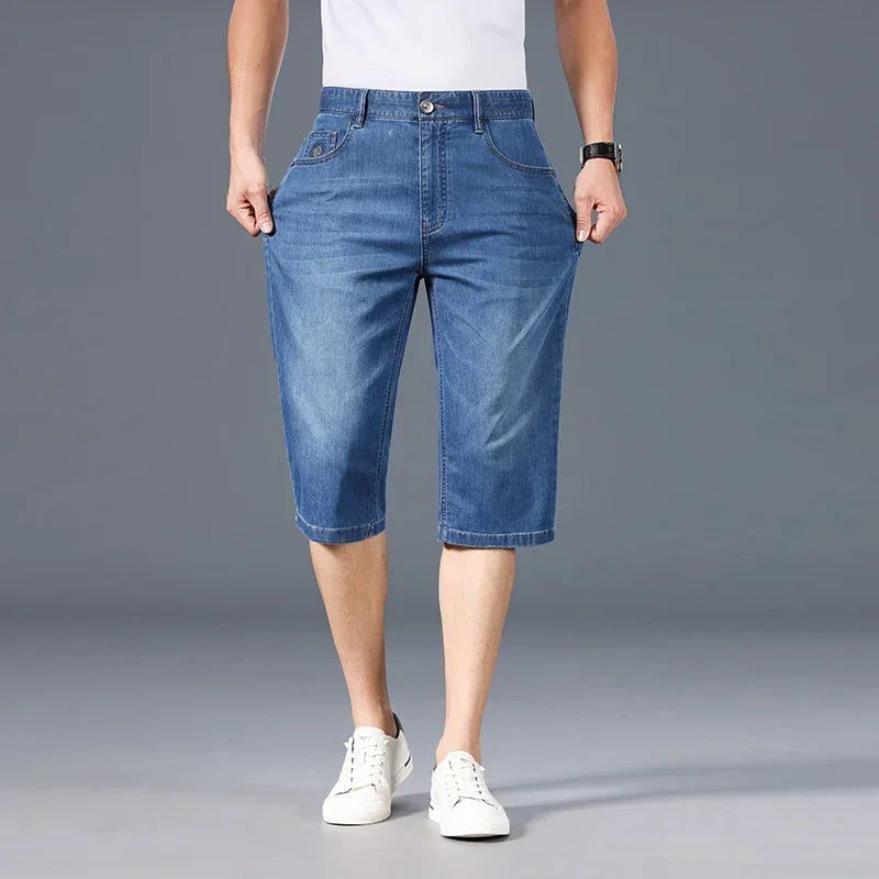 BROWON 2025 Summer Jeans Shorts Men Vintage Style Newjeans Thin Soft Straight Mid Rise Soical Business Short Denim Trouser Men