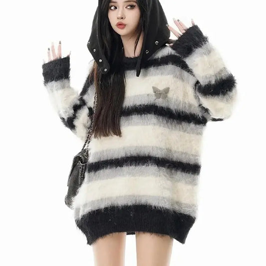 Original Sweet Mink Fur Butterfly Striped Sweater for Women 2025 Autumn Winter New Korean Version Lazy Style Knitted Sweater Top