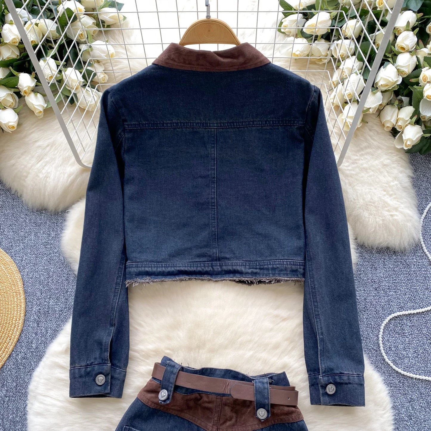 Jean two pieces set for women Color Splicing Turn-down Coollar Long-sleeved Denim Jacket+Slim Waist Pack Hip Mini Skirt