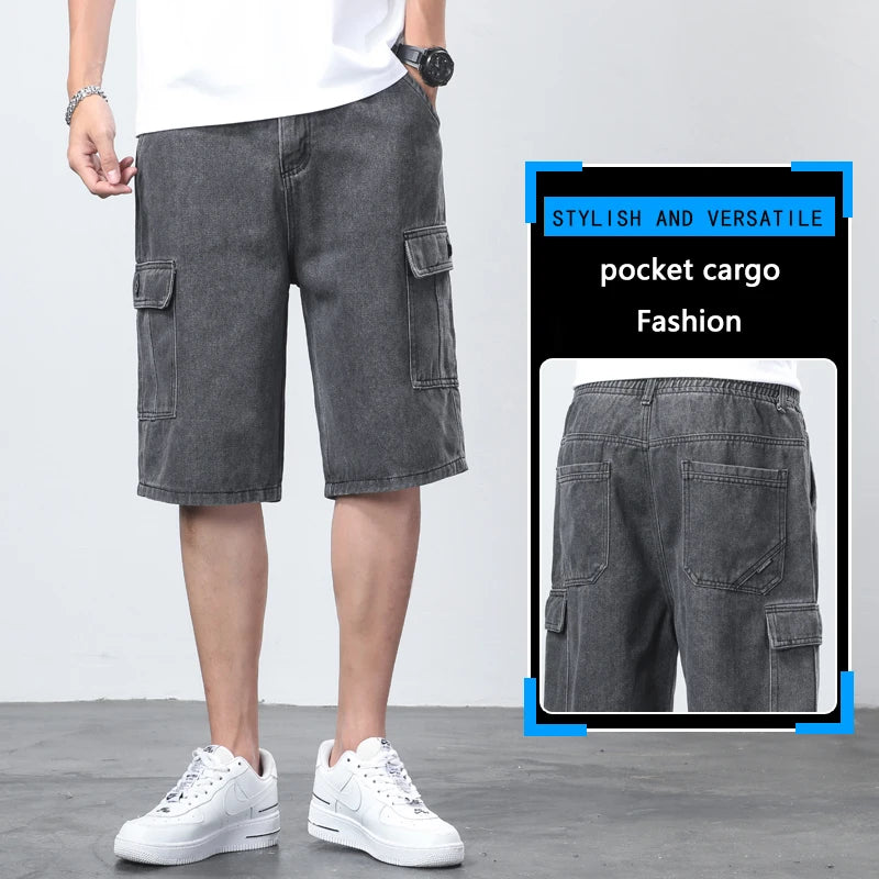 Denim Shorts for Men's Cargo Pants Large Pockets Casual Fashion Wide Short Pants Baggy Bermuda Jeans Male Beach Pants