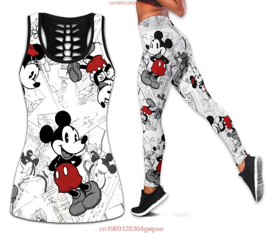 New Mickey Mouse Women's Hollow Vest Women's Leggings Yoga Suit Fitness Leggings Sports Suit Disney Tank Top Legging Set Outfit