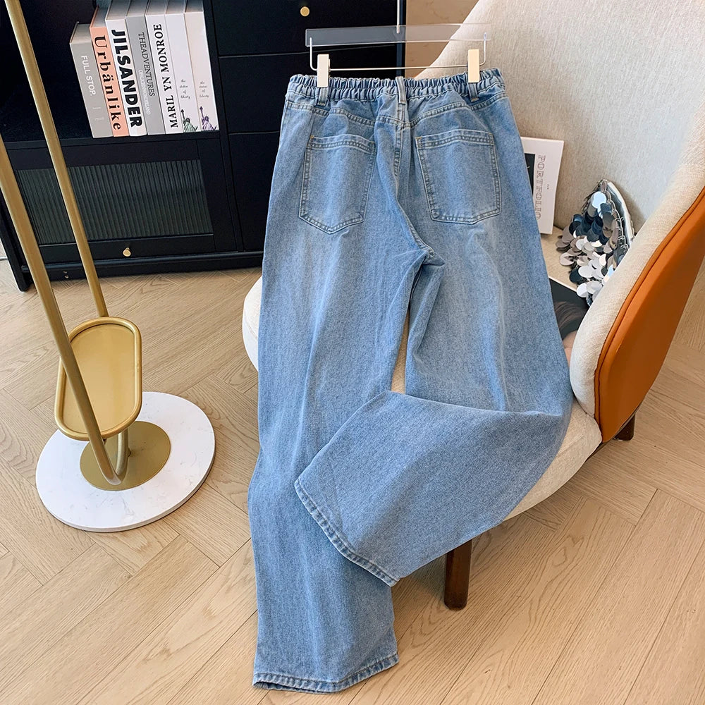 Fall plus size women's casual denim pants Blue commuter straight pants loose and comfortable elastic pants with large pockets